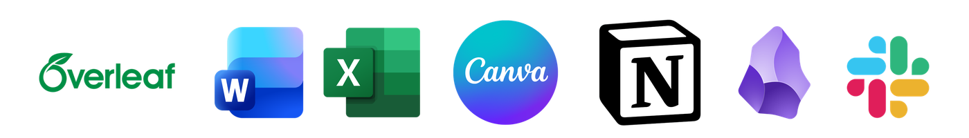 Overleaf, Word, Excel, Canva, Notion, Obsidian, Slack